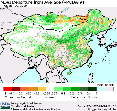 China, Mongolia and Taiwan NDVI Departure from Average (PROBA-V) Thematic Map For 6/21/2019 - 6/30/2019