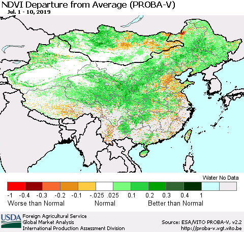 China, Mongolia and Taiwan NDVI Departure from Average (PROBA-V) Thematic Map For 7/1/2019 - 7/10/2019