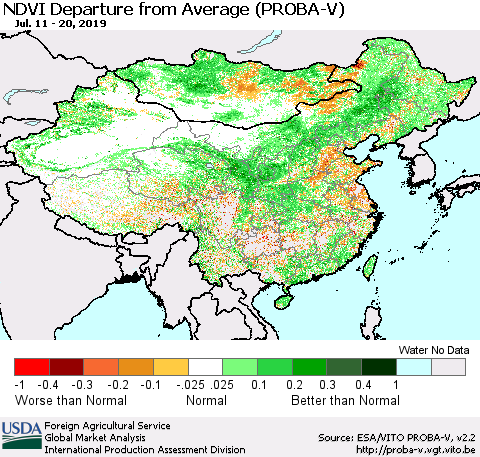 China, Mongolia and Taiwan NDVI Departure from Average (PROBA-V) Thematic Map For 7/11/2019 - 7/20/2019