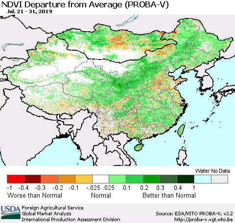 China, Mongolia and Taiwan NDVI Departure from Average (PROBA-V) Thematic Map For 7/21/2019 - 7/31/2019