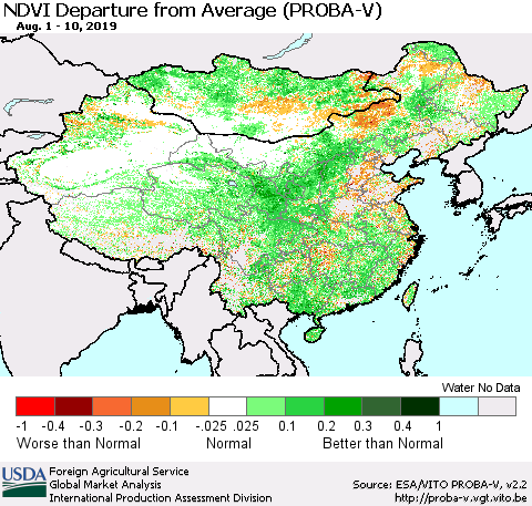 China, Mongolia and Taiwan NDVI Departure from Average (PROBA-V) Thematic Map For 8/1/2019 - 8/10/2019