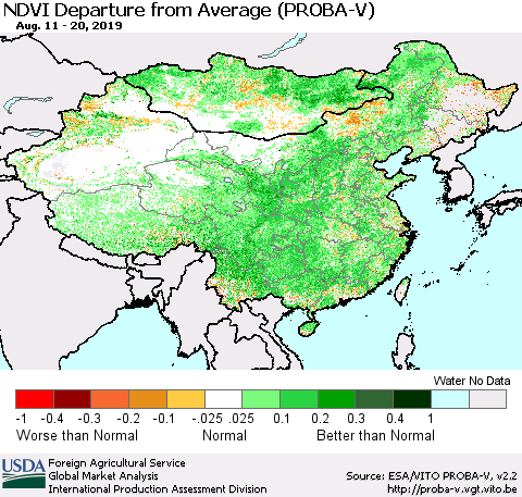 China, Mongolia and Taiwan NDVI Departure from Average (PROBA-V) Thematic Map For 8/11/2019 - 8/20/2019