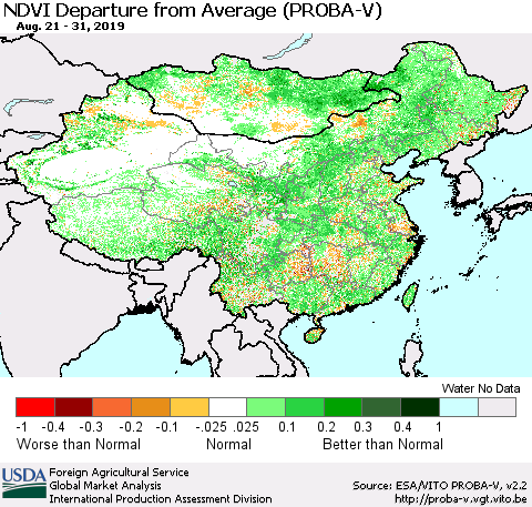China, Mongolia and Taiwan NDVI Departure from Average (PROBA-V) Thematic Map For 8/21/2019 - 8/31/2019