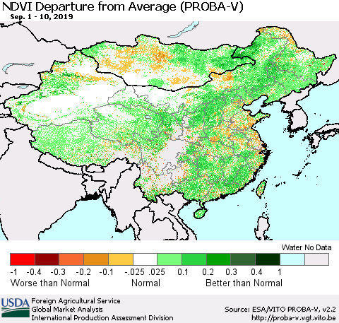 China, Mongolia and Taiwan NDVI Departure from Average (PROBA-V) Thematic Map For 9/1/2019 - 9/10/2019