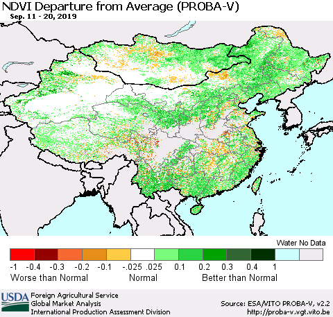 China, Mongolia and Taiwan NDVI Departure from Average (PROBA-V) Thematic Map For 9/11/2019 - 9/20/2019