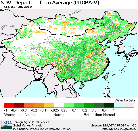 China, Mongolia and Taiwan NDVI Departure from Average (PROBA-V) Thematic Map For 9/21/2019 - 9/30/2019