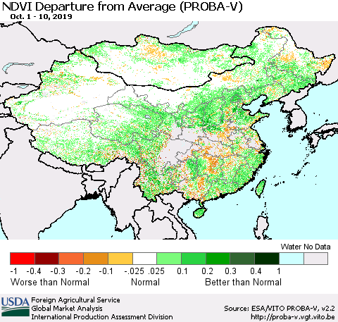 China, Mongolia and Taiwan NDVI Departure from Average (PROBA-V) Thematic Map For 10/1/2019 - 10/10/2019