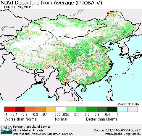 China, Mongolia and Taiwan NDVI Departure from Average (PROBA-V) Thematic Map For 10/11/2019 - 10/20/2019