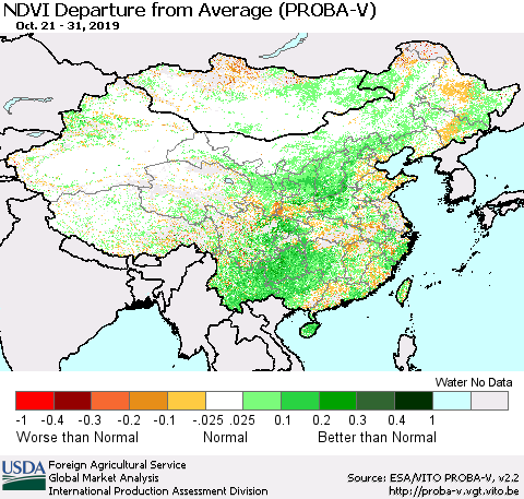 China, Mongolia and Taiwan NDVI Departure from Average (PROBA-V) Thematic Map For 10/21/2019 - 10/31/2019