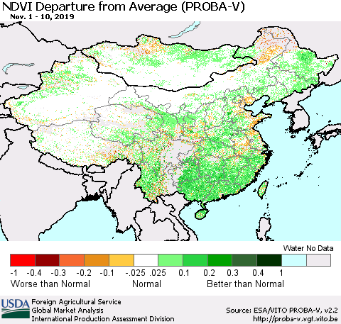China, Mongolia and Taiwan NDVI Departure from Average (PROBA-V) Thematic Map For 11/1/2019 - 11/10/2019
