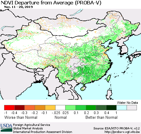 China, Mongolia and Taiwan NDVI Departure from Average (PROBA-V) Thematic Map For 11/11/2019 - 11/20/2019