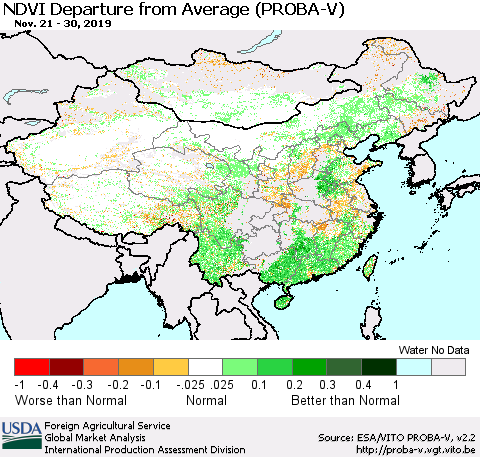 China, Mongolia and Taiwan NDVI Departure from Average (PROBA-V) Thematic Map For 11/21/2019 - 11/30/2019