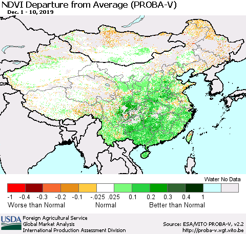 China, Mongolia and Taiwan NDVI Departure from Average (PROBA-V) Thematic Map For 12/1/2019 - 12/10/2019