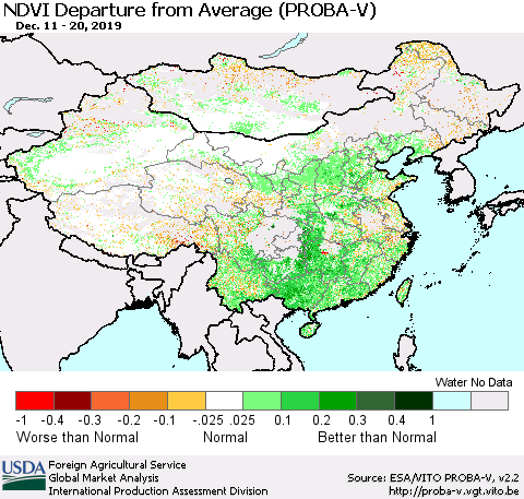 China, Mongolia and Taiwan NDVI Departure from Average (PROBA-V) Thematic Map For 12/11/2019 - 12/20/2019