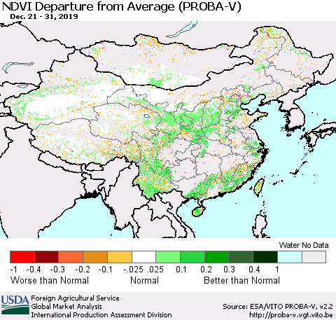 China, Mongolia and Taiwan NDVI Departure from Average (PROBA-V) Thematic Map For 12/21/2019 - 12/31/2019