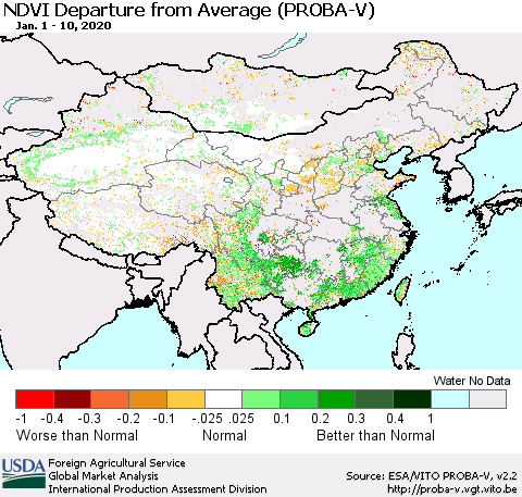 China, Mongolia and Taiwan NDVI Departure from Average (PROBA-V) Thematic Map For 1/1/2020 - 1/10/2020