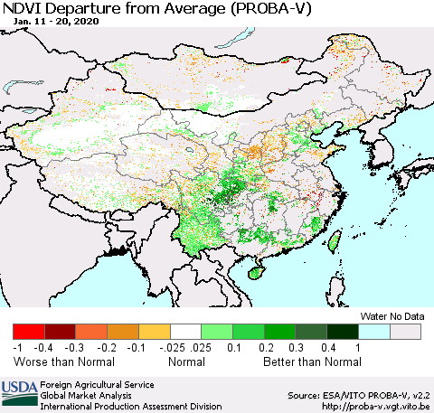 China, Mongolia and Taiwan NDVI Departure from Average (PROBA-V) Thematic Map For 1/11/2020 - 1/20/2020
