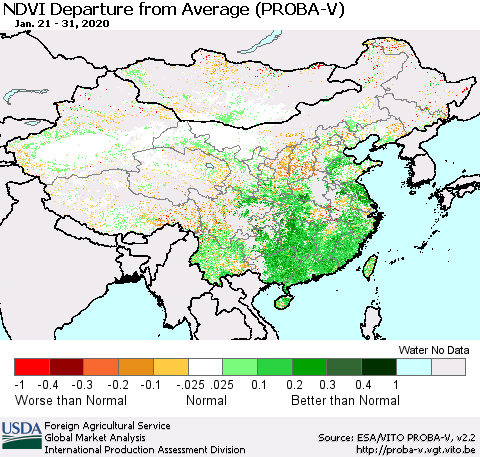 China, Mongolia and Taiwan NDVI Departure from Average (PROBA-V) Thematic Map For 1/21/2020 - 1/31/2020