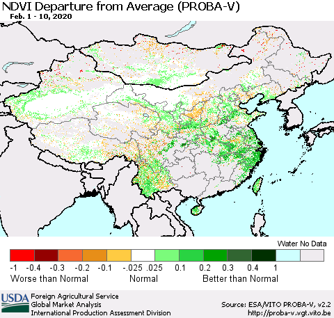 China, Mongolia and Taiwan NDVI Departure from Average (PROBA-V) Thematic Map For 2/1/2020 - 2/10/2020