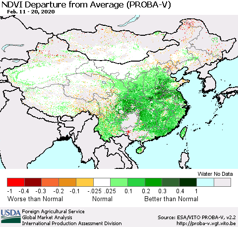 China, Mongolia and Taiwan NDVI Departure from Average (PROBA-V) Thematic Map For 2/11/2020 - 2/20/2020
