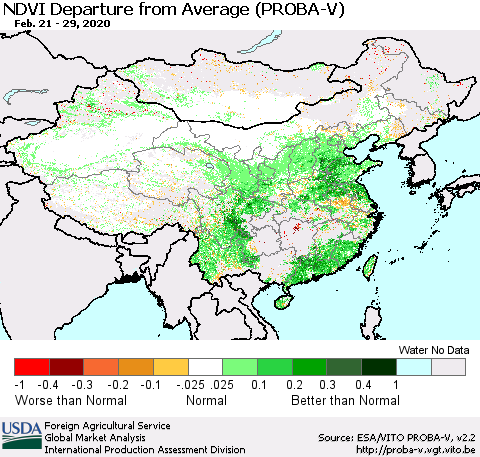China, Mongolia and Taiwan NDVI Departure from Average (PROBA-V) Thematic Map For 2/21/2020 - 2/29/2020