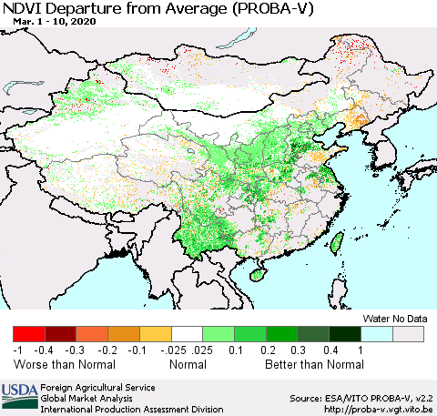 China, Mongolia and Taiwan NDVI Departure from Average (PROBA-V) Thematic Map For 3/1/2020 - 3/10/2020