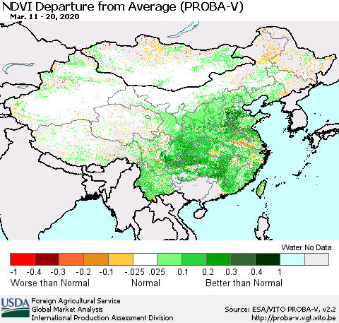 China, Mongolia and Taiwan NDVI Departure from Average (PROBA-V) Thematic Map For 3/11/2020 - 3/20/2020