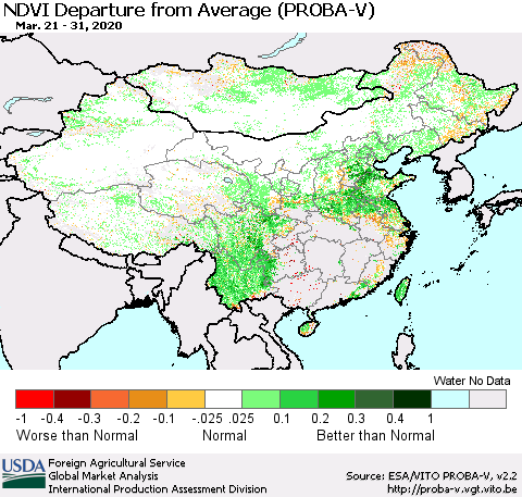 China, Mongolia and Taiwan NDVI Departure from Average (PROBA-V) Thematic Map For 3/21/2020 - 3/31/2020