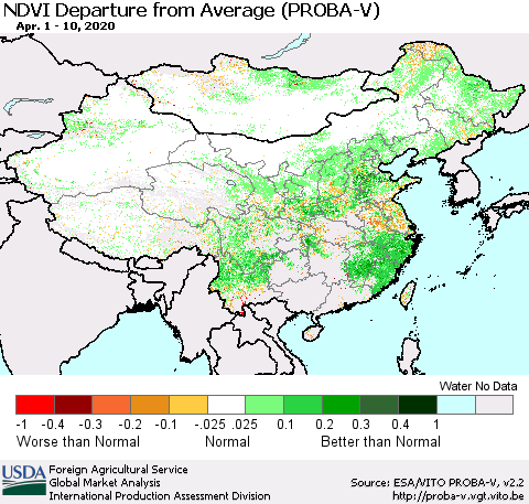 China, Mongolia and Taiwan NDVI Departure from Average (PROBA-V) Thematic Map For 4/1/2020 - 4/10/2020