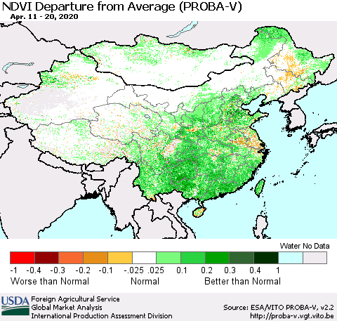 China, Mongolia and Taiwan NDVI Departure from Average (PROBA-V) Thematic Map For 4/11/2020 - 4/20/2020