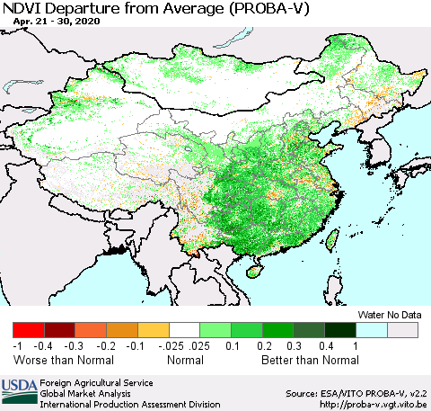 China, Mongolia and Taiwan NDVI Departure from Average (PROBA-V) Thematic Map For 4/21/2020 - 4/30/2020