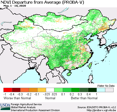 China, Mongolia and Taiwan NDVI Departure from Average (PROBA-V) Thematic Map For 5/1/2020 - 5/10/2020
