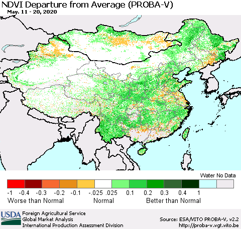 China, Mongolia and Taiwan NDVI Departure from Average (PROBA-V) Thematic Map For 5/11/2020 - 5/20/2020