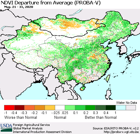China, Mongolia and Taiwan NDVI Departure from Average (PROBA-V) Thematic Map For 5/21/2020 - 5/31/2020