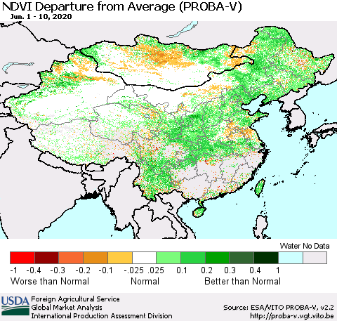 China, Mongolia and Taiwan NDVI Departure from Average (PROBA-V) Thematic Map For 6/1/2020 - 6/10/2020