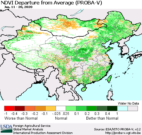 China, Mongolia and Taiwan NDVI Departure from Average (PROBA-V) Thematic Map For 6/11/2020 - 6/20/2020