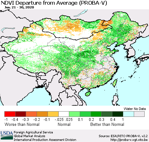 China, Mongolia and Taiwan NDVI Departure from Average (PROBA-V) Thematic Map For 6/21/2020 - 6/30/2020