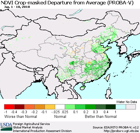 China, Mongolia and Taiwan NDVI Crop-masked Departure from Average (PROBA-V) Thematic Map For 1/1/2018 - 1/10/2018