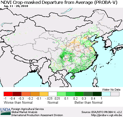 China, Mongolia and Taiwan NDVI Crop-masked Departure from Average (PROBA-V) Thematic Map For 1/11/2018 - 1/20/2018
