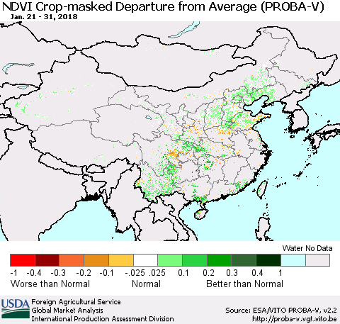 China, Mongolia and Taiwan NDVI Crop-masked Departure from Average (PROBA-V) Thematic Map For 1/21/2018 - 1/31/2018