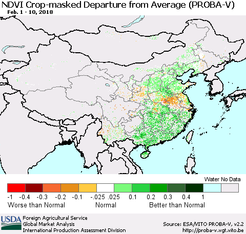 China, Mongolia and Taiwan NDVI Crop-masked Departure from Average (PROBA-V) Thematic Map For 2/1/2018 - 2/10/2018