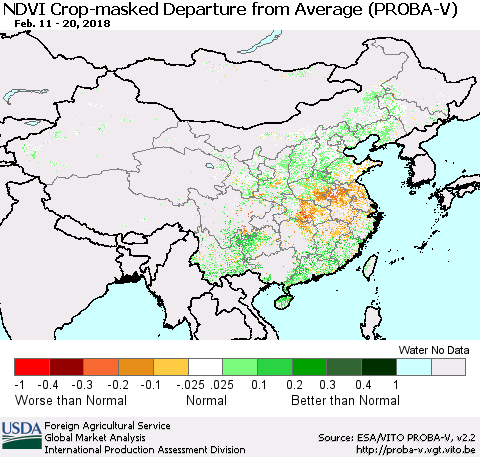 China, Mongolia and Taiwan NDVI Crop-masked Departure from Average (PROBA-V) Thematic Map For 2/11/2018 - 2/20/2018