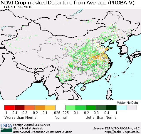 China, Mongolia and Taiwan NDVI Crop-masked Departure from Average (PROBA-V) Thematic Map For 2/21/2018 - 2/28/2018
