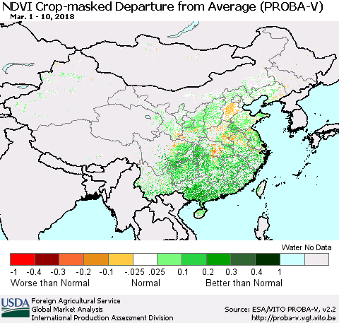 China, Mongolia and Taiwan NDVI Crop-masked Departure from Average (PROBA-V) Thematic Map For 3/1/2018 - 3/10/2018