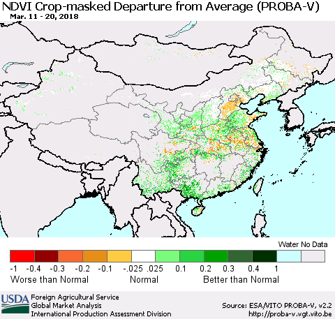 China, Mongolia and Taiwan NDVI Crop-masked Departure from Average (PROBA-V) Thematic Map For 3/11/2018 - 3/20/2018
