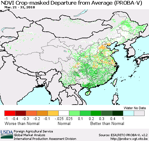 China, Mongolia and Taiwan NDVI Crop-masked Departure from Average (PROBA-V) Thematic Map For 3/21/2018 - 3/31/2018
