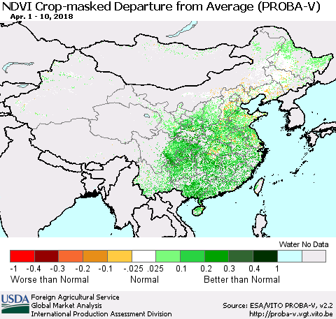 China, Mongolia and Taiwan NDVI Crop-masked Departure from Average (PROBA-V) Thematic Map For 4/1/2018 - 4/10/2018
