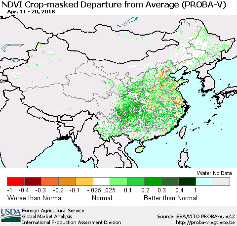 China, Mongolia and Taiwan NDVI Crop-masked Departure from Average (PROBA-V) Thematic Map For 4/11/2018 - 4/20/2018