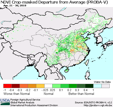 China, Mongolia and Taiwan NDVI Crop-masked Departure from Average (PROBA-V) Thematic Map For 4/21/2018 - 4/30/2018