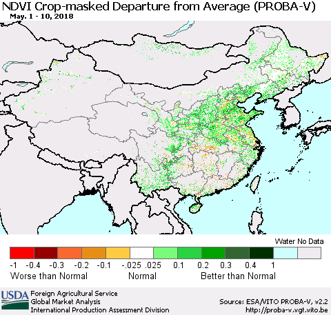 China, Mongolia and Taiwan NDVI Crop-masked Departure from Average (PROBA-V) Thematic Map For 5/1/2018 - 5/10/2018